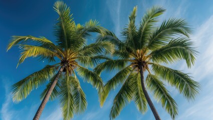 Two tall palm trees with green fronds against a bright blue sky and wispy clouds Copy Space