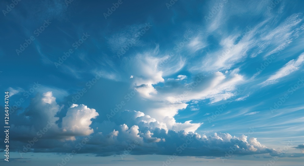 Poster dramatic cloud formations in a blue sky during daytime with sunlight illuminating the clouds and cle