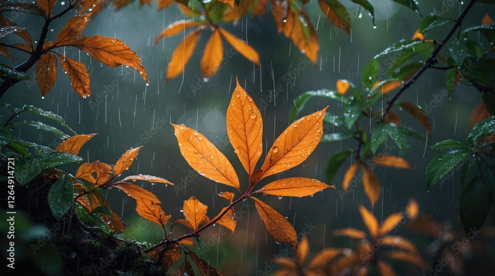 Poster orange and green leaves with raindrops in a forest setting during rain copy space