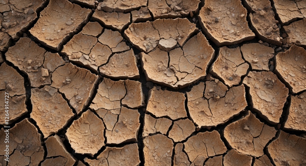 Poster Dried cracked earth surface texture with visible fissures and uneven pattern suitable for backgrounds and environmental themes