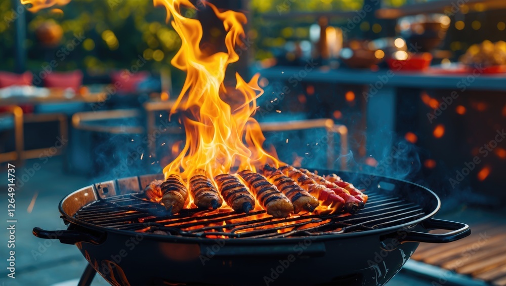 Poster grilling sausages and vegetables over an open flame with vibrant fire and smoke in an outdoor settin