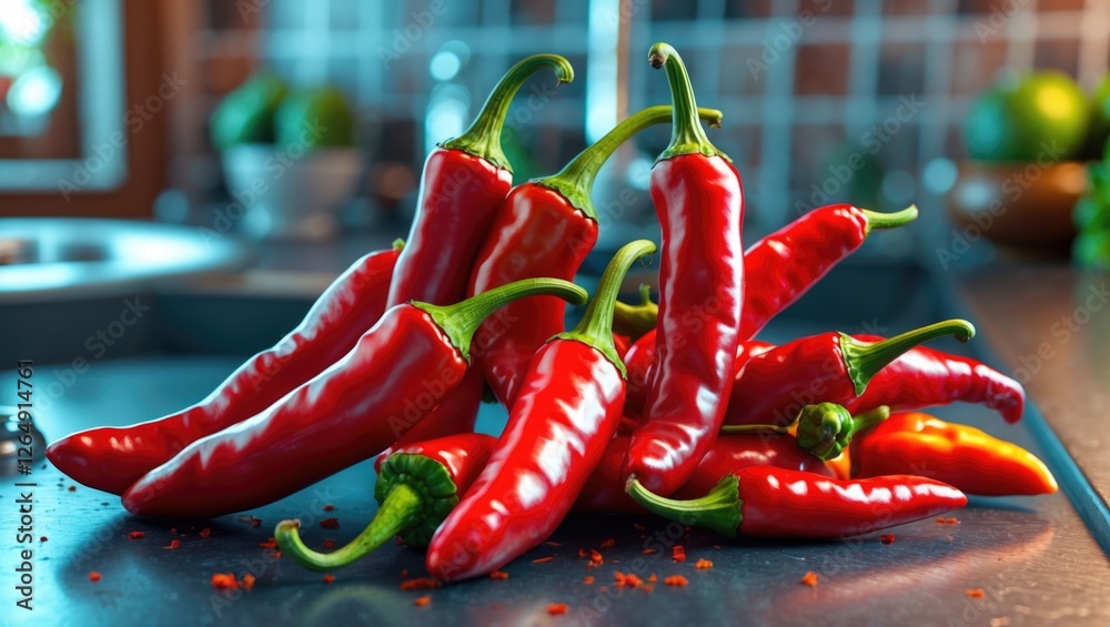 Aufkleber fresh red and green chili peppers arranged on a kitchen countertop with blurred background and scatt