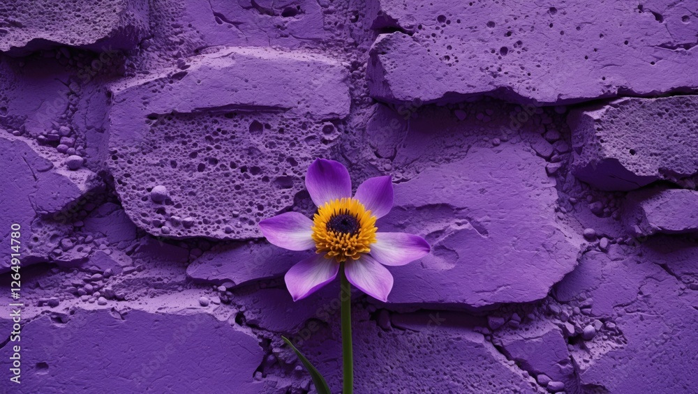 Poster purple flower with yellow center on vibrant purple textured wall background with copy space for text