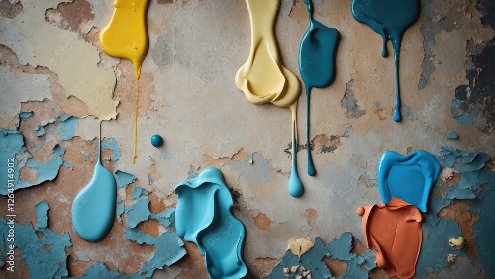 Poster Dripped and splattered paint on a textured wall with peeling layers in various colors and shapes Copy Space