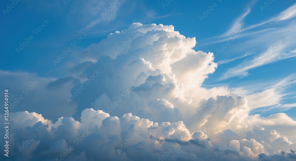 Poster dramatic cloud formations against a blue sky with wispy clouds and soft sunlight atmosphere suitable