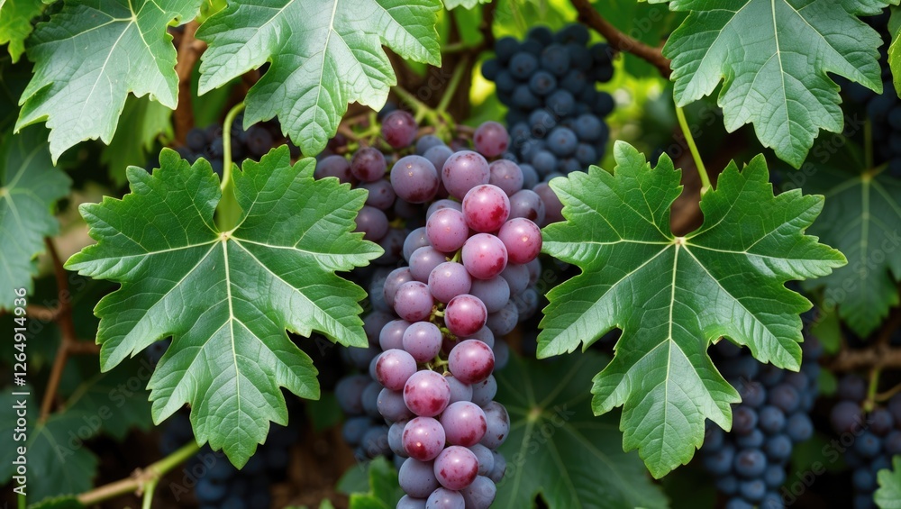 Poster fresh ripe grapes on vine surrounded by green leaves with copy space for text placement