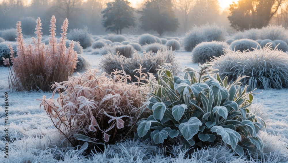Poster frost-covered plants in a frosty landscape at sunrise with a soft focus background and copy space fo