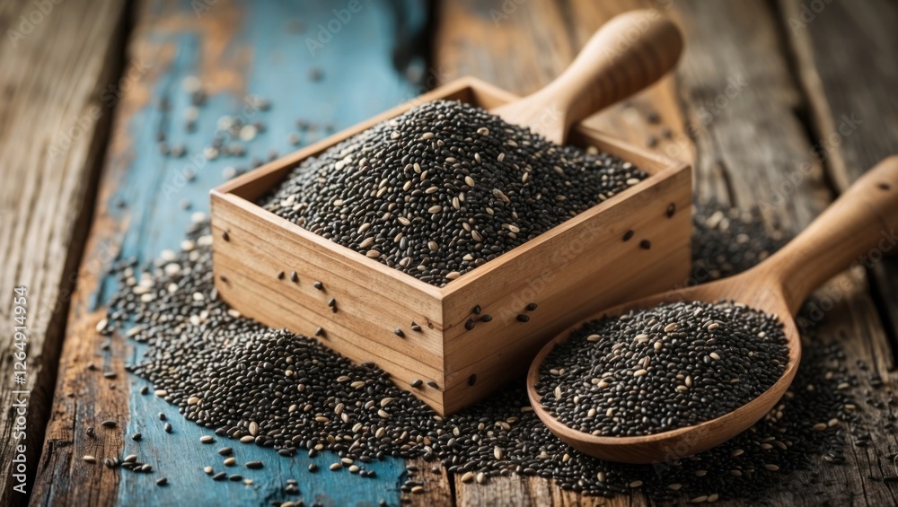 Poster black chia seeds in a wooden box and two wooden spoons on rustic wooden table with copy space for te
