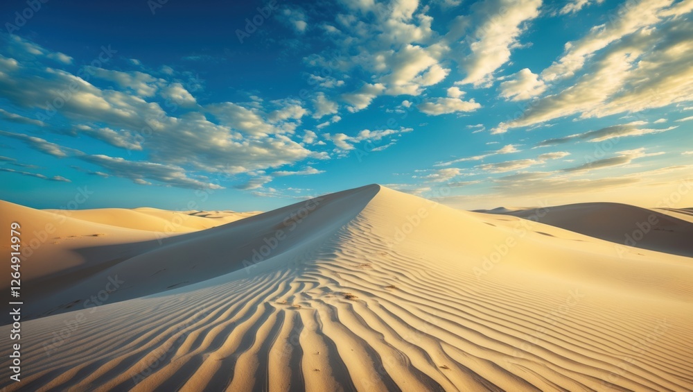 Poster Sand dunes under a clear blue sky with scattered clouds showcasing texture and patterns in the desert landscape Copy Space