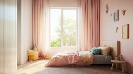 Simple yet stylish children's room with a pastel bed, soft textiles, and an open, sunlit window