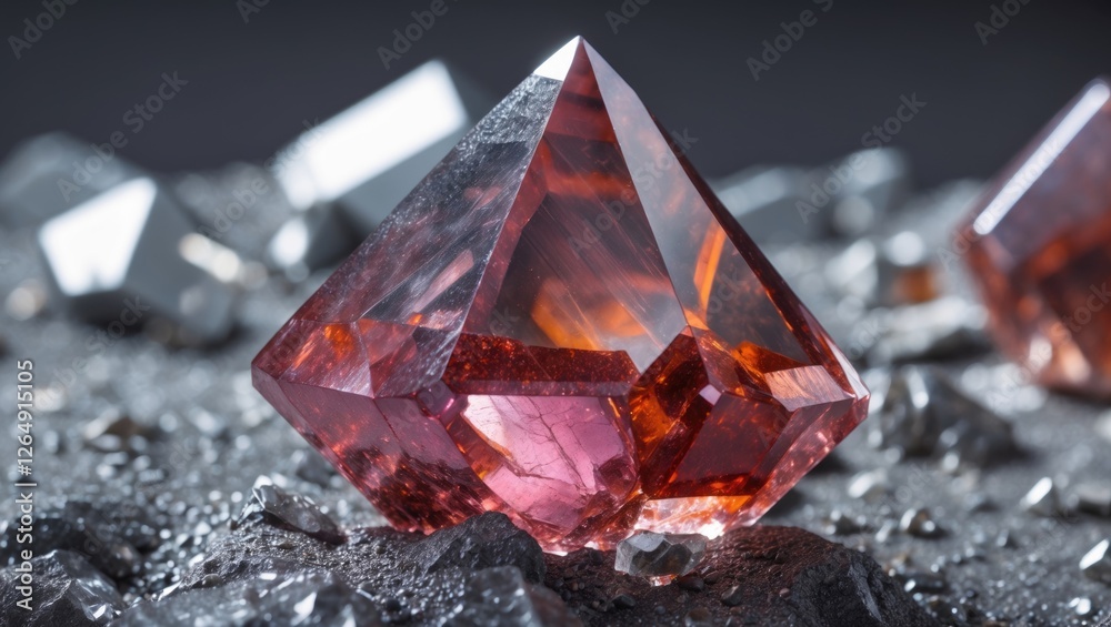 Poster Close-up view of a large red crystal with sharp edges surrounded by smaller reflective metallic stones on a dark surface with Copy Space