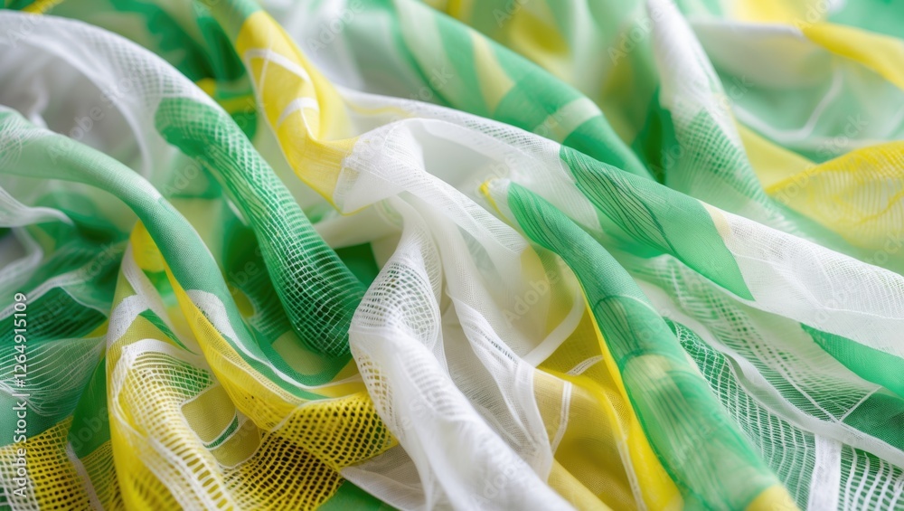 Poster colorful sheer fabric with green, yellow, and white abstract patterns draping elegantly on a surface