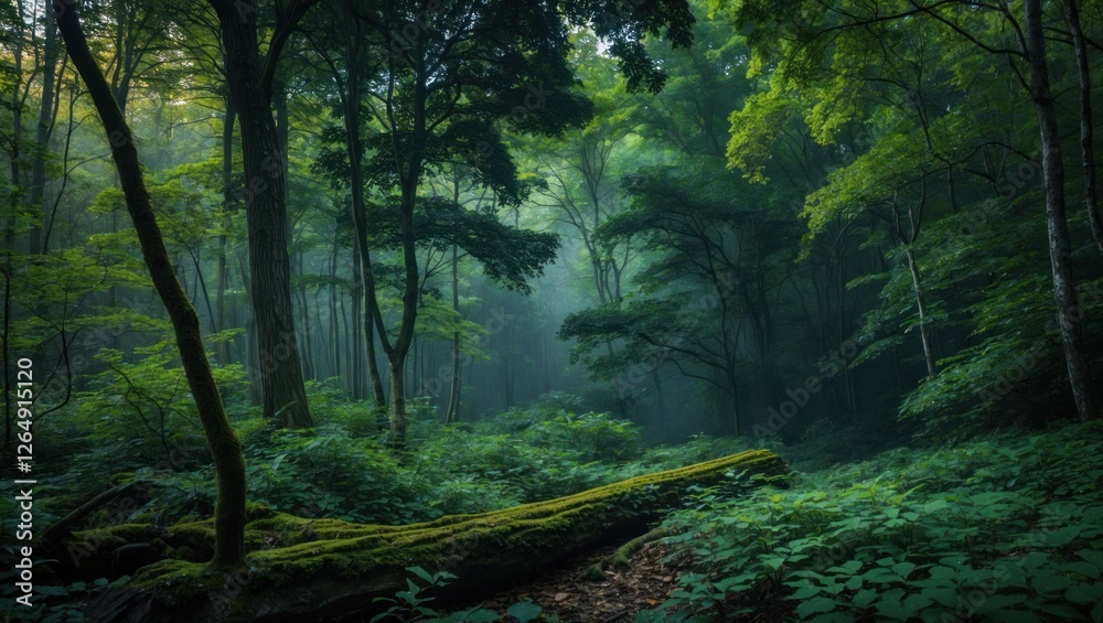 Aufkleber Misty forest landscape with lush greenery and fallen log creating a tranquil natural setting Copy Space