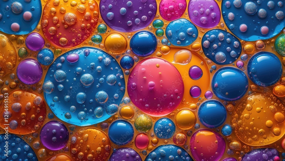 Poster Colorful abstract background with overlapping water droplets in various sizes on a vibrant surface Copy Space