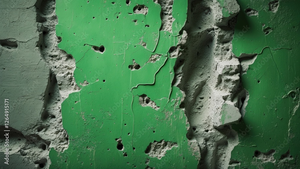 Poster textured wall surface with peeling green paint and exposed layers of gray material, demonstrating we