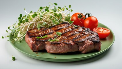 Grilled beef steak served on a green plate accompanied by fresh sprouts and sliced tomatoes with vibrant colors and textures Copy Space