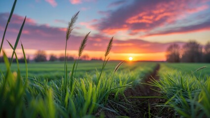 Field of green grass with tall blades at sunset under colorful skies with clouds in background and pathway leading through landscape Copy Space