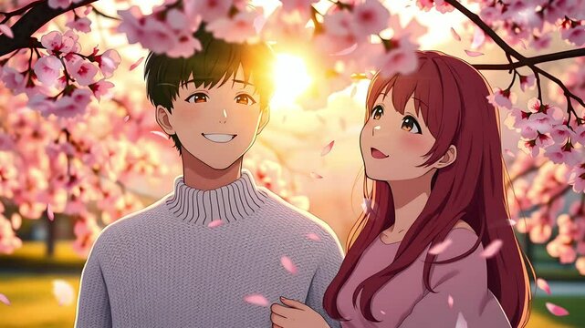 Anime couple in love under cherry blossoms. Seamless looping time lapse animation video background  
