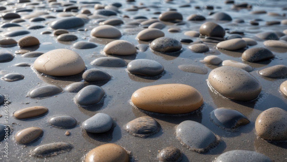 Poster colorful pebbles on wet sandy beach with sunlight reflections and shallow water creating a tranquil 