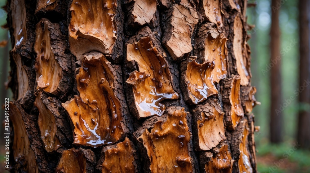 Poster Textured bark of a pine tree with resin droplets in a forest setting natural background with blurred trees Copy Space