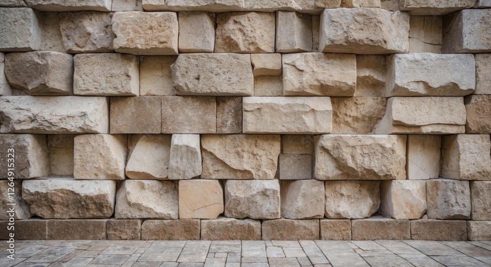 Poster textured stone wall with various sizes of natural stone blocks in neutral tones suitable for backgro