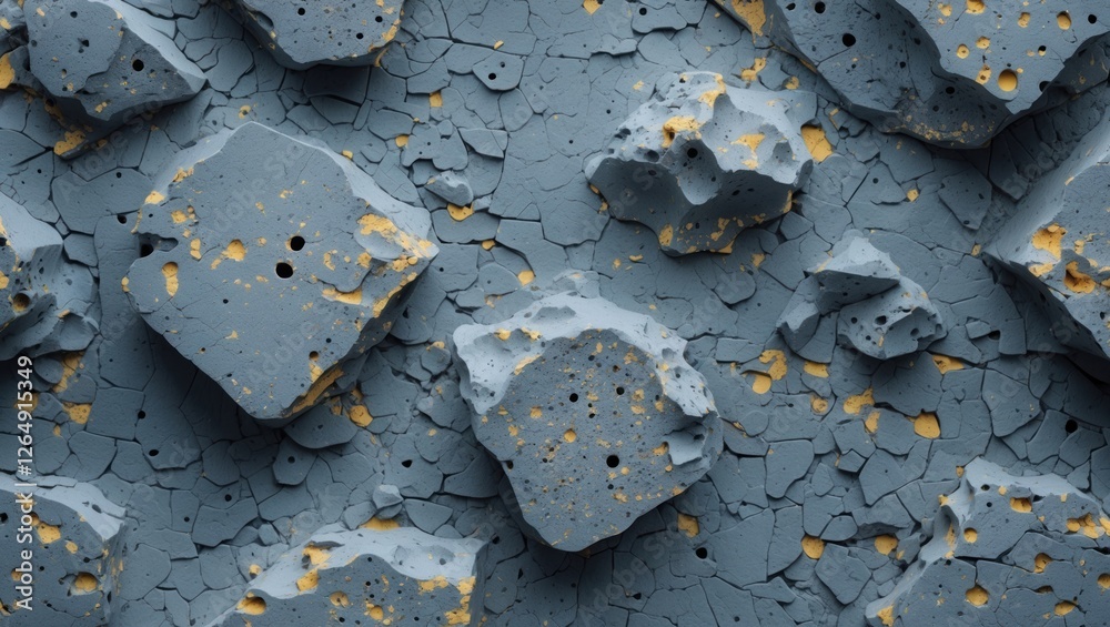 Poster Textured surface of broken gray paint with yellow specks and irregularly shaped flakes, suitable for backgrounds and abstract designs. Copy Space