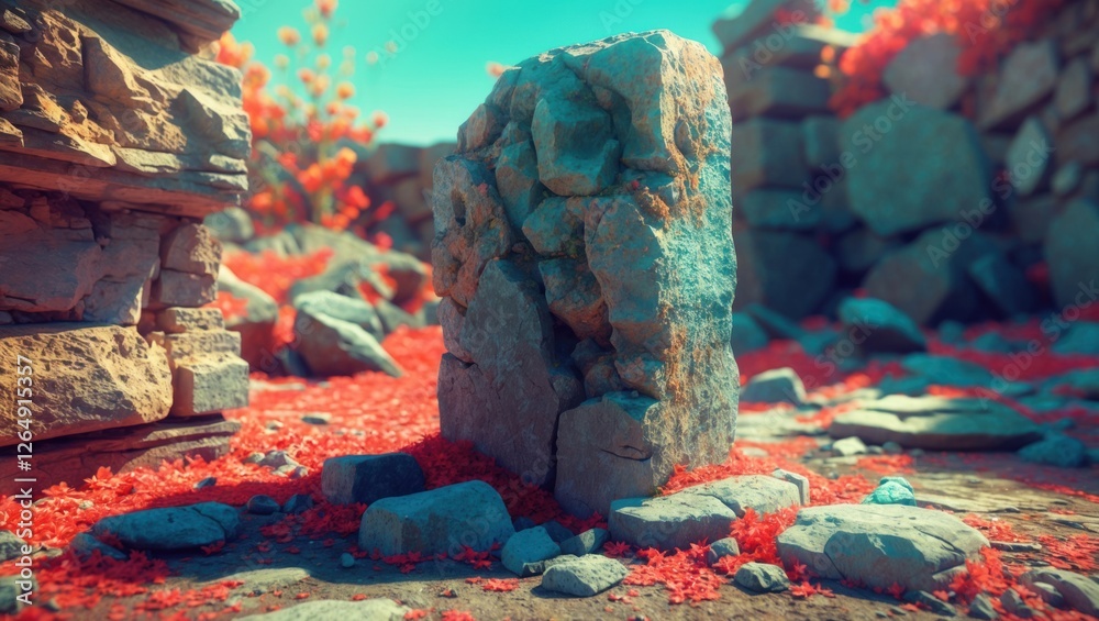 Poster textured stone monolith surrounded by colorful foliage and scattered rocks in a serene natural lands