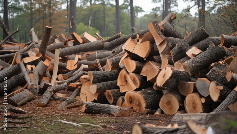 Aufkleber Stacked logs in a forest setting with fresh cut ends showing in a natural environment showing wood storage Copy Space