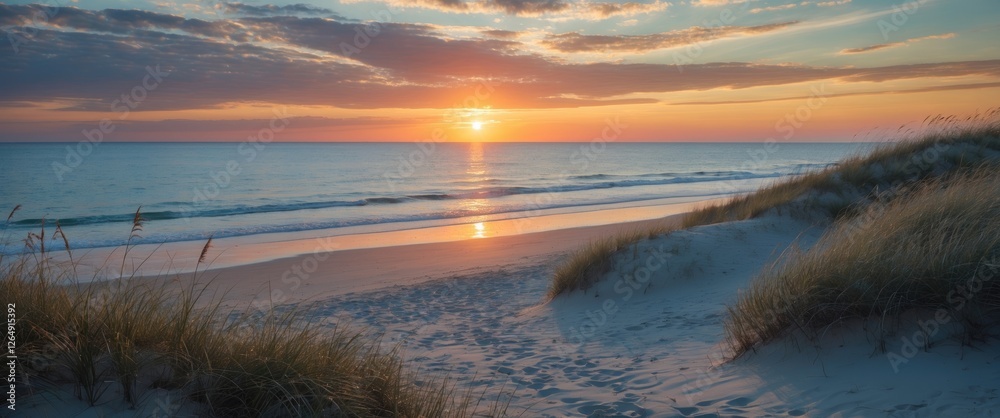 Aufkleber sunset over tranquil beach with gentle waves and grass-covered sand dunes reflecting warm colors in 