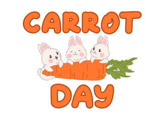 Fototapeta premium International Carrot Day lettering with a kawaii rabbit and carrot. Cute and cheerful composition with cute bunnies. Vector illustration. Ideal for greeting cards, social media, stickers, posters
