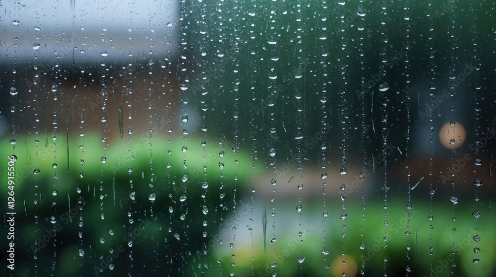 Poster rain droplets on a glass window with blurred green plants and lights in the background. copy space.