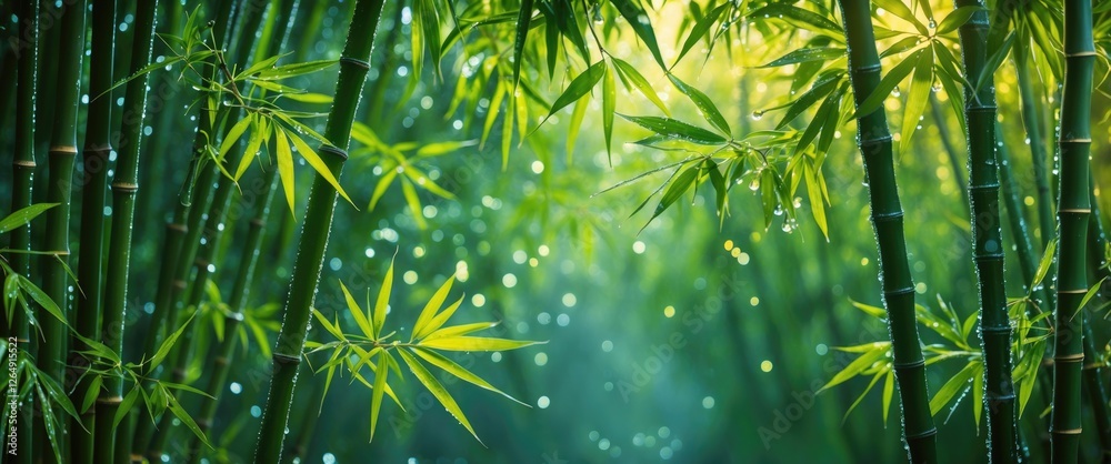 Poster Bamboo forest with sunlight filtering through leaves creating a lush green atmosphere with moisture droplets and soft bokeh background Copy Space
