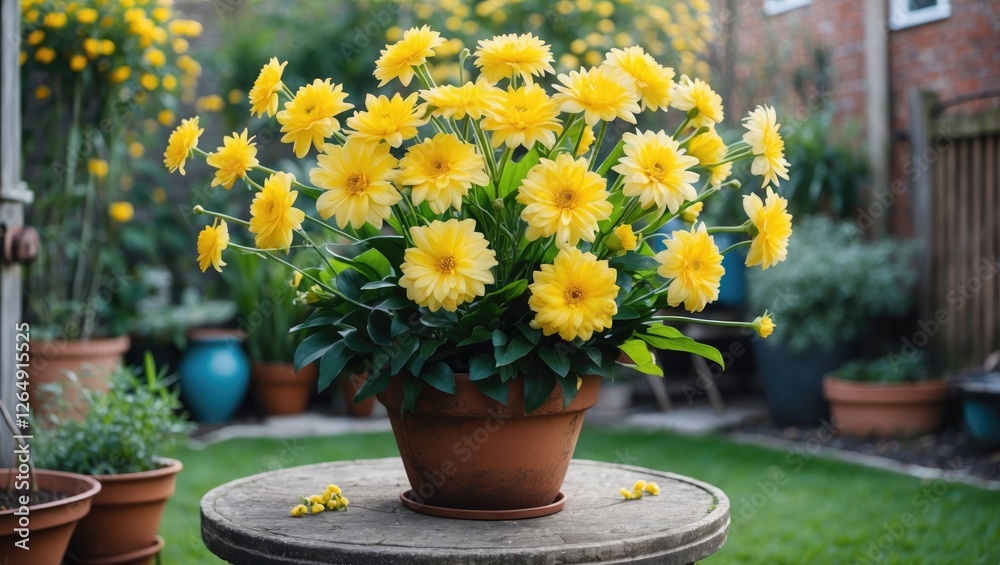 Aufkleber yellow flowers in a terracotta pot on a wooden table in a garden setting with soft background bokeh 