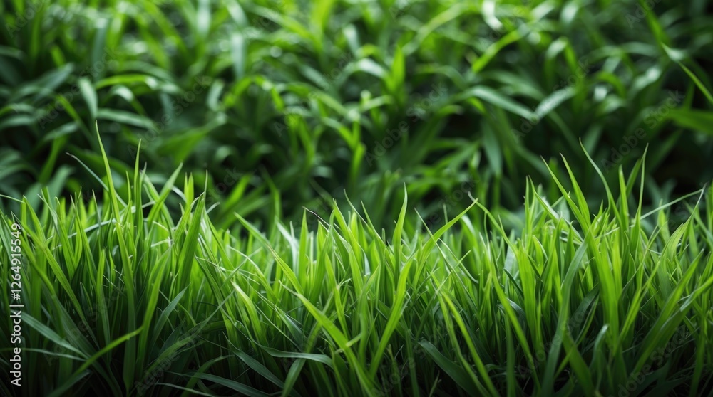 Poster close-up of fresh green grass blades with blurred background of a grassy field natural texture with 