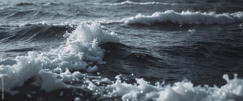 Poster Waves crashing in the ocean creating foam with soft light reflecting on water surface Copy Space