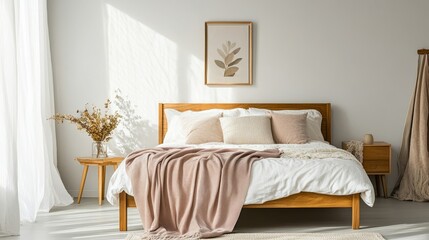 Soft and elegant bedroom featuring a retro wooden bed frame, pastel blankets, and a peaceful design