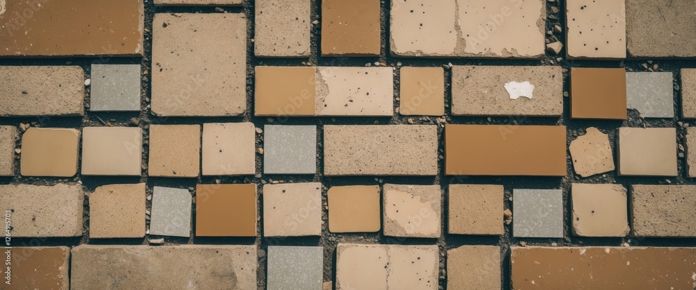 Poster Textured Mosaic Floor Tiles in Various Shapes and Colors Showing Wear and Tear with Copy Space