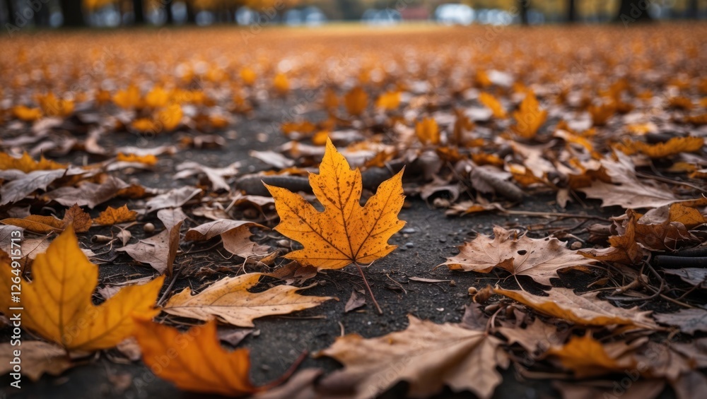 Poster autumn leaves covering ground in a park with a single yellow maple leaf in focus and a blurred backg