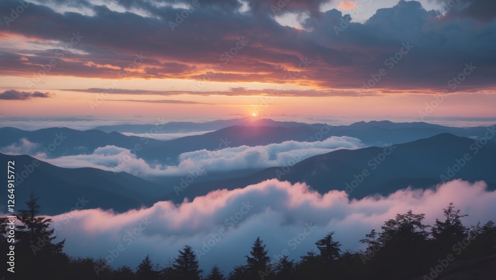 Poster Sunset Over Mountain Range with Clouds and Tree Silhouettes in Foreground Copy Space