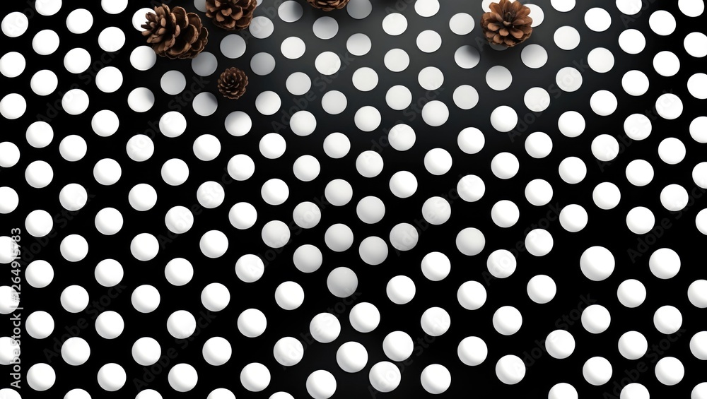 Poster abstract arrangement of white dots on black background with pine cones for decorative or artistic us