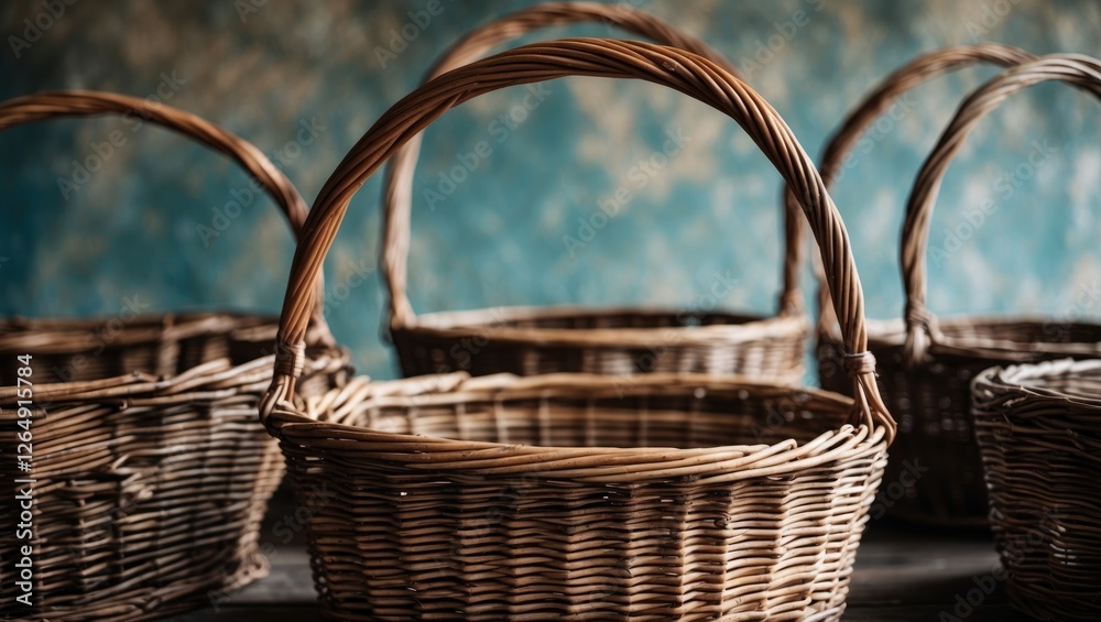 Aufkleber Woven wicker baskets arranged on a wooden surface with a textured blue background and ample copy space for text placement
