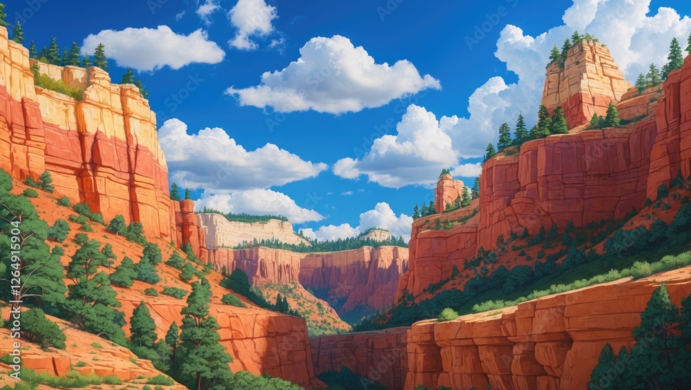 Poster mountainous landscape with rocky cliffs under a blue sky and fluffy white clouds near greenery and a