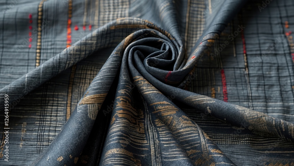 Aufkleber Textured fabric with intricate patterns in dark colors featuring gold and red accents suitable for various design applications Copy Space