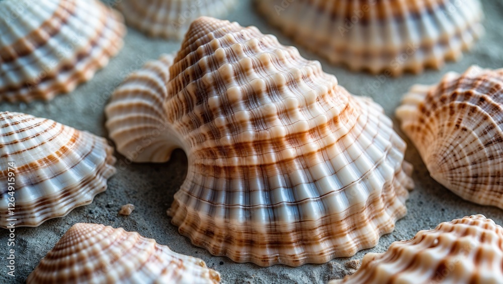 Poster Close-up of various seashells displaying intricate patterns and textures on sandy background with Copy Space