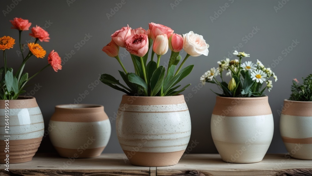 Poster flower pots with various blooms displayed on a wooden shelf in a modern interior setting copy space