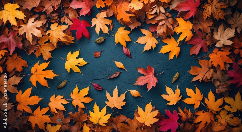 Aufkleber Autumn leaves in vibrant colors arranged on a textured blue background with copy space for text insertion.