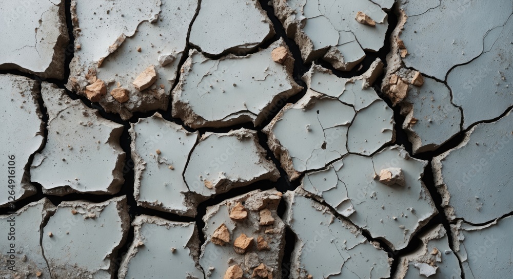 Aufkleber Cracked and weathered surface with broken pieces of concrete and visible texture in gray tones suitable for background use