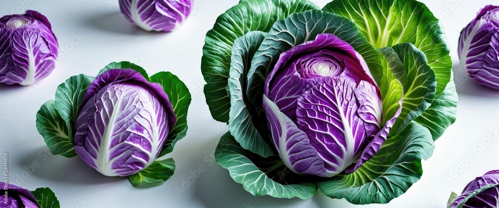 Poster freshly harvested purple cabbages arranged on a light background with green leaves and visible textu