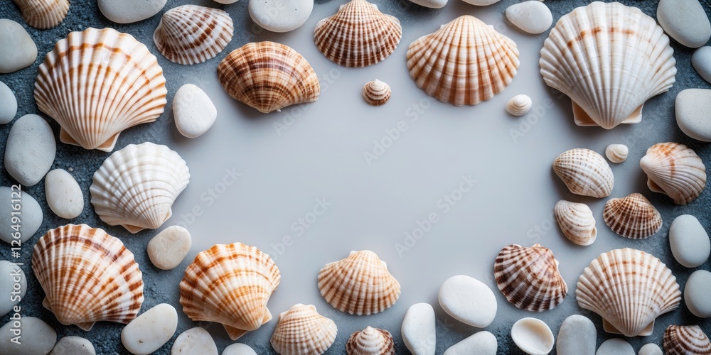 Aufkleber Seashells and pebbles arranged in a circular frame on a textured surface with copy space for text or design elements