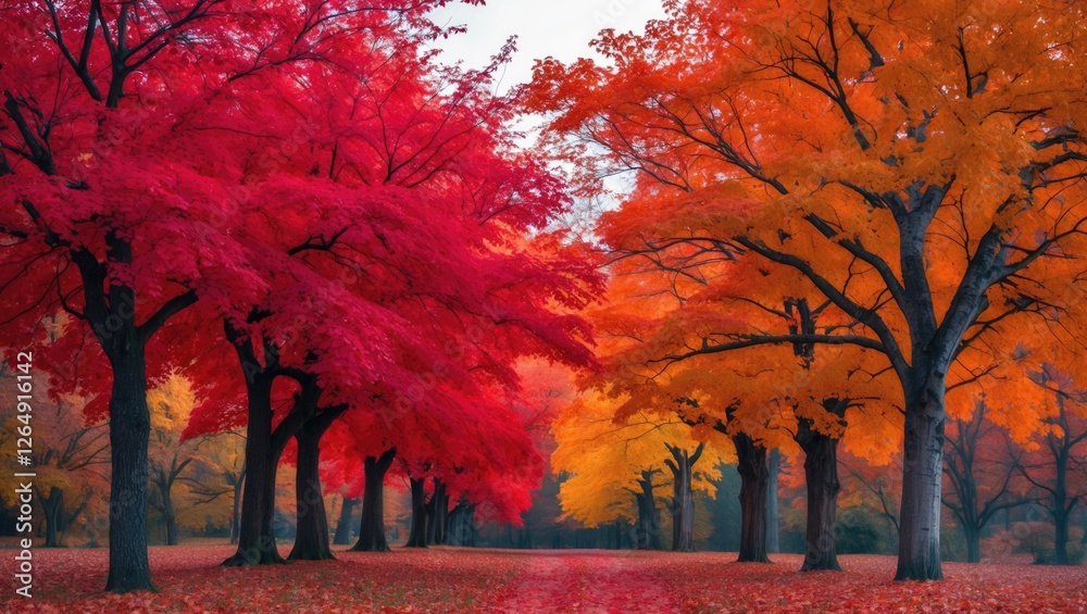 Poster Colorful autumn forest with vibrant red and orange trees lining a path in a tranquil setting with soft natural light Copy Space